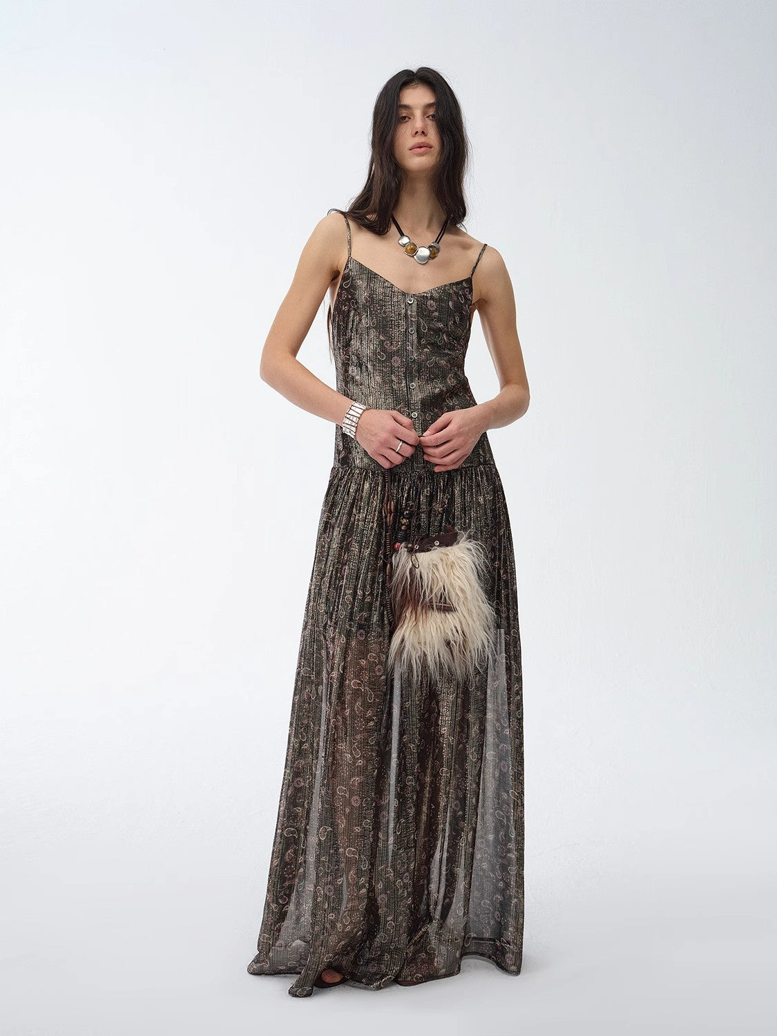 "Floating Lights" Retro Paisley Print Silk Holiday Sling Dress