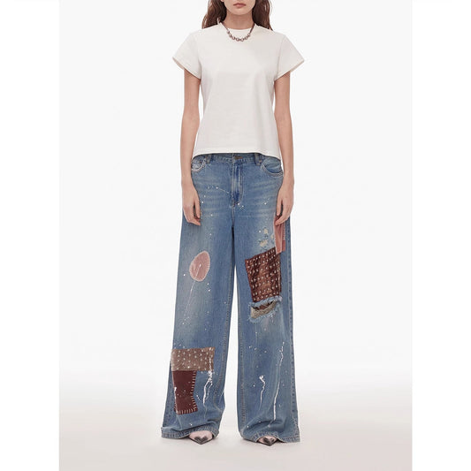 Uninhibited Splicing Washed Wide-Leg Jeans