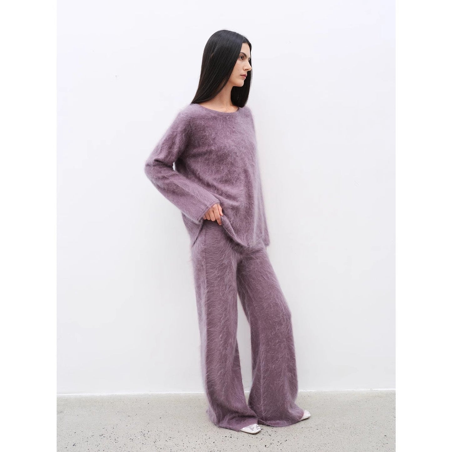 Purple Women's Sweater 2 Piece Outfit Cashmere Jumper Comfortable Loose-Fit Crewneck Top Wide Leg Pants Fall Lounge Set