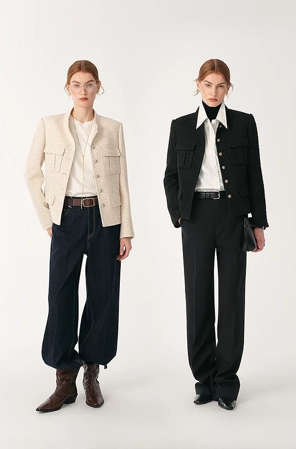 Heavy Wool Blend Tweed Stand Collar Waist Cropped Coat