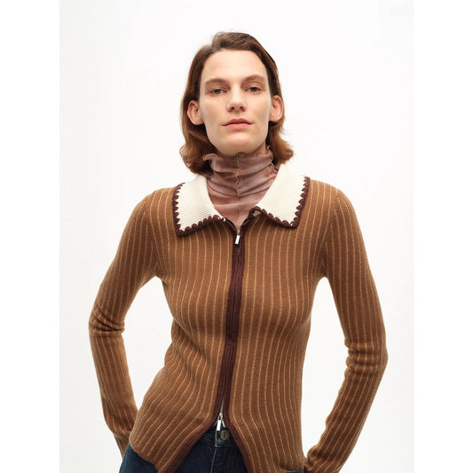 Crocheted Lapel Color-Blocked Striped Cardigan