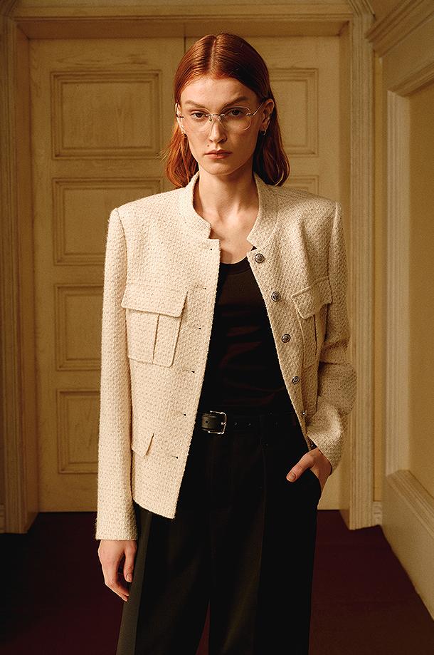 Heavy Wool Blend Tweed Stand Collar Waist Cropped Coat