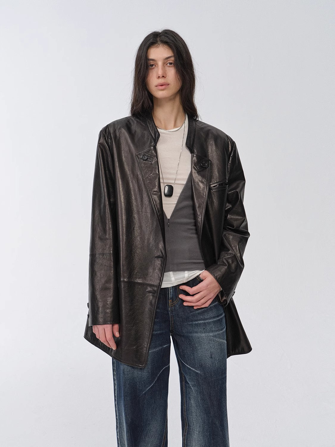 "Bavaria" Vintage Suede/Waxy Goatskin Leather Mid-Length Suit Jacket