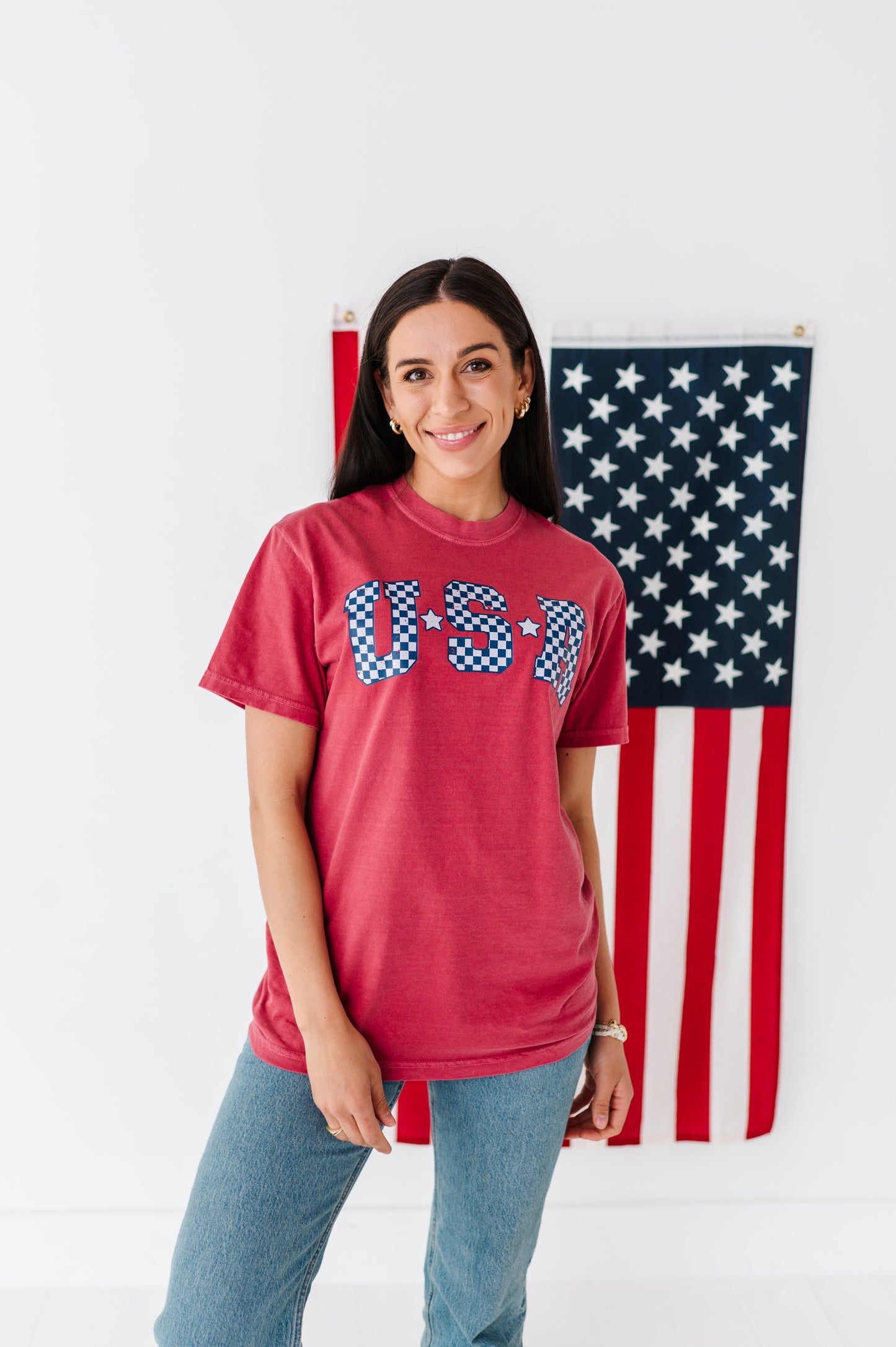 Adult Unisex RED ‘USA’ Check Tee