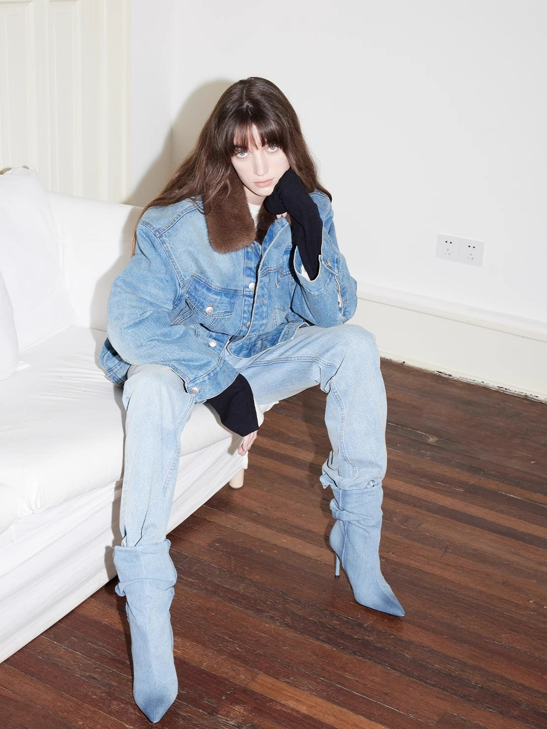 Blue Fantasy Vintage Sable Denim Down Parka Patchwork Jacket