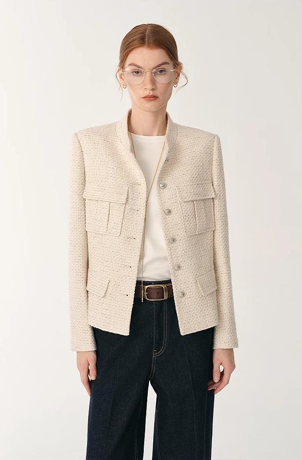 Heavy Wool Blend Tweed Stand Collar Waist Cropped Coat
