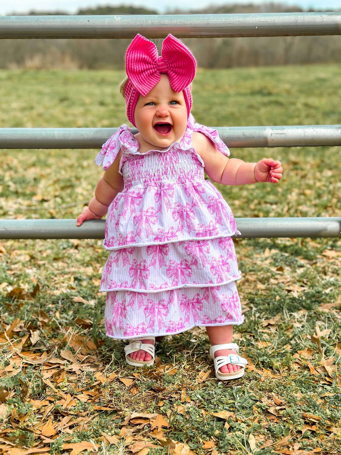 Pink Toile Bow Ruffled Dress
