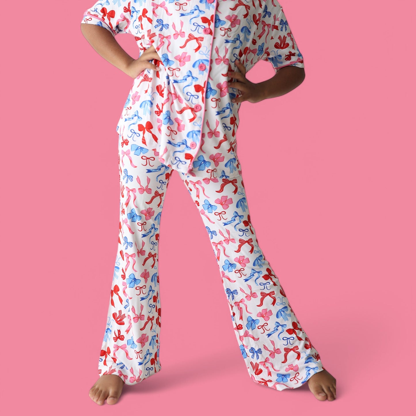 RED, WHITE AND BOWS DREAM GIRL'S SHORT SLEEVE FLARE SET