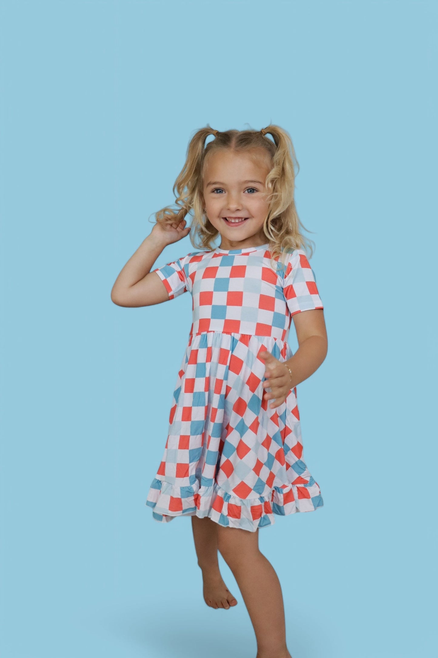 USA CHECKERS DREAM RUFFLE DRESS