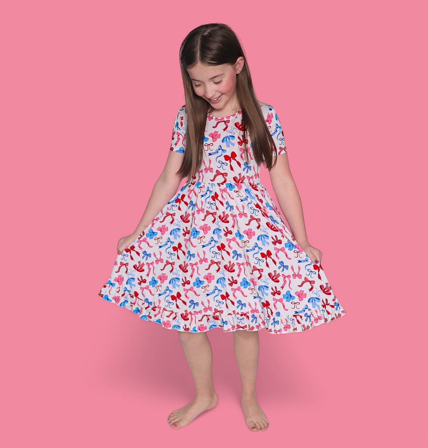 RED, WHITE AND BOWS DREAM RUFFLE DRESS