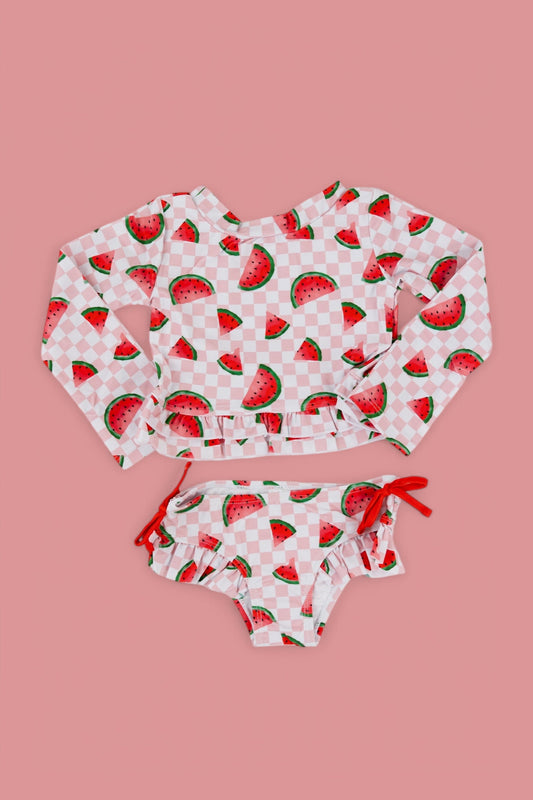 ONE IN A MELON DREAM TWO PIECE RASH GUARD RUFFLE SWIM SUIT