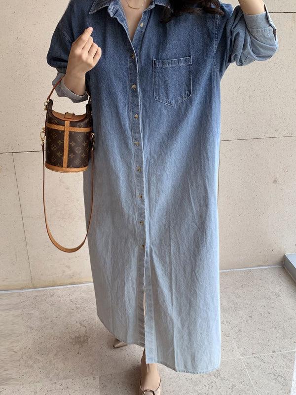 Lapel Gradient Smudge Loose Long Sleeve Denim Dress