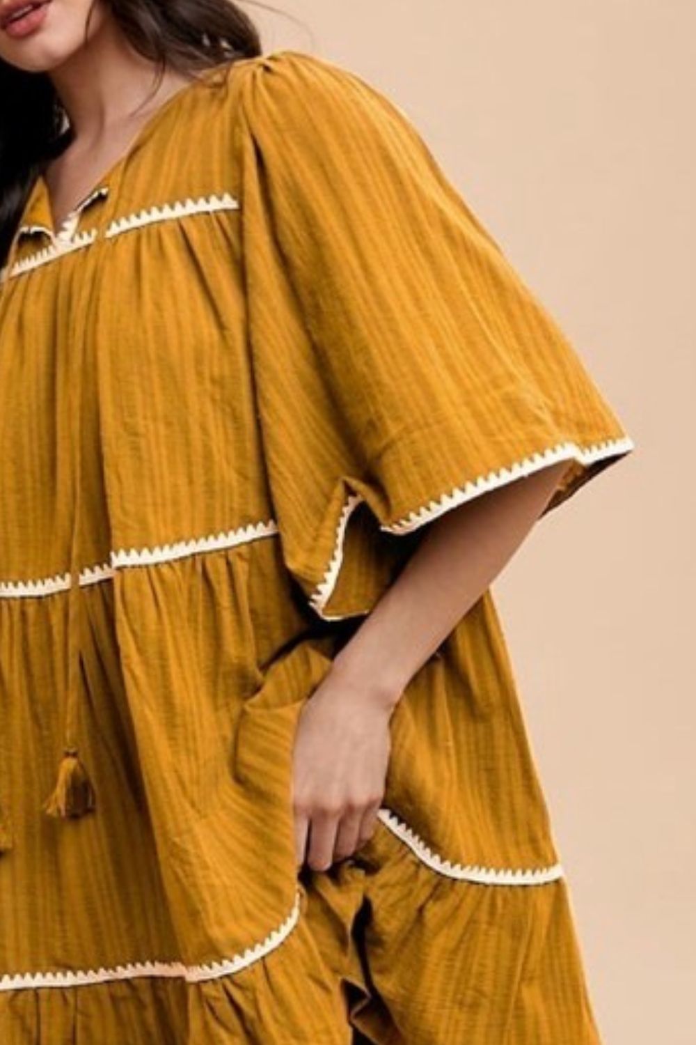 Tassel Contrast Trim Tie Neck Half Sleeve Tiered Dress
