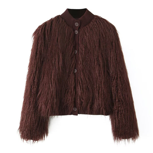 Women Clothing Autumn Retro Artificial Fur Effect Knitted Coat