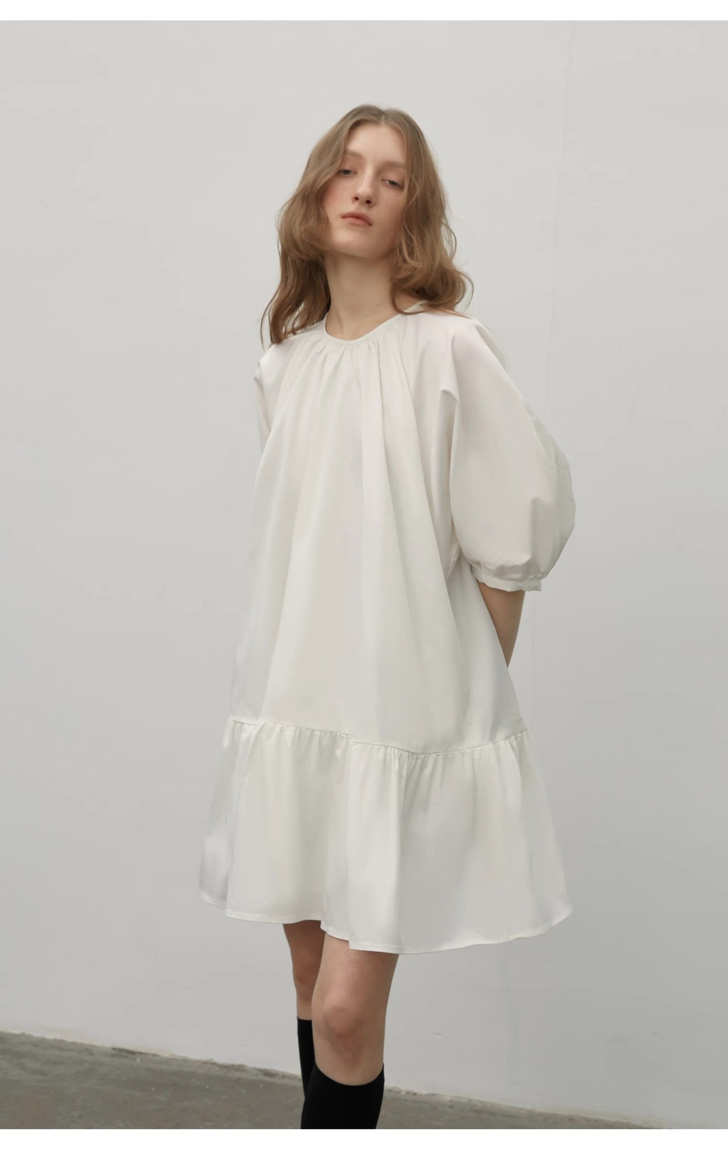 "Dream Island" Hepburn Style White Dress Temperament High-End Puff Sleeve Dress for Women