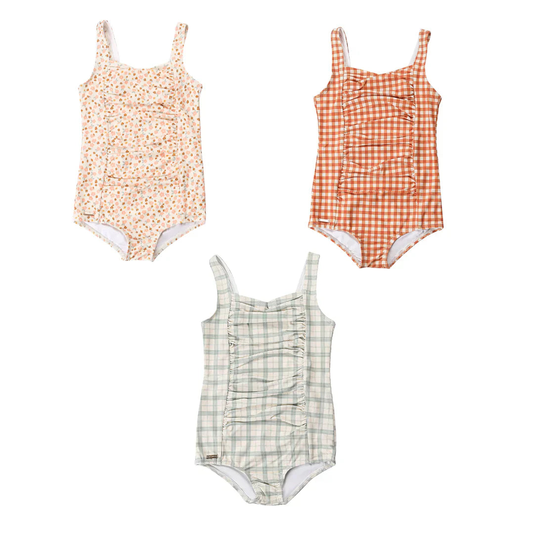 Vintage Girls 1 Piece Swimsuit | UPF + Recycled - Fern Plaid