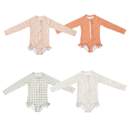 Long Sleeve Rashguard Ruffle Swimsuit | UPF + Recycled - Fern Plaid