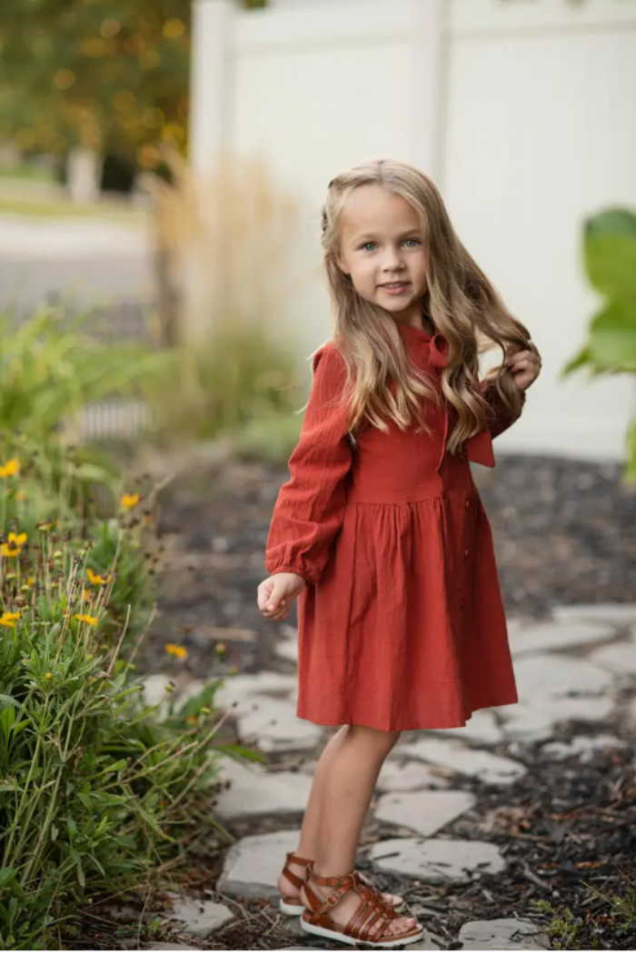 Kids Button Long Sleeve Bow Dress