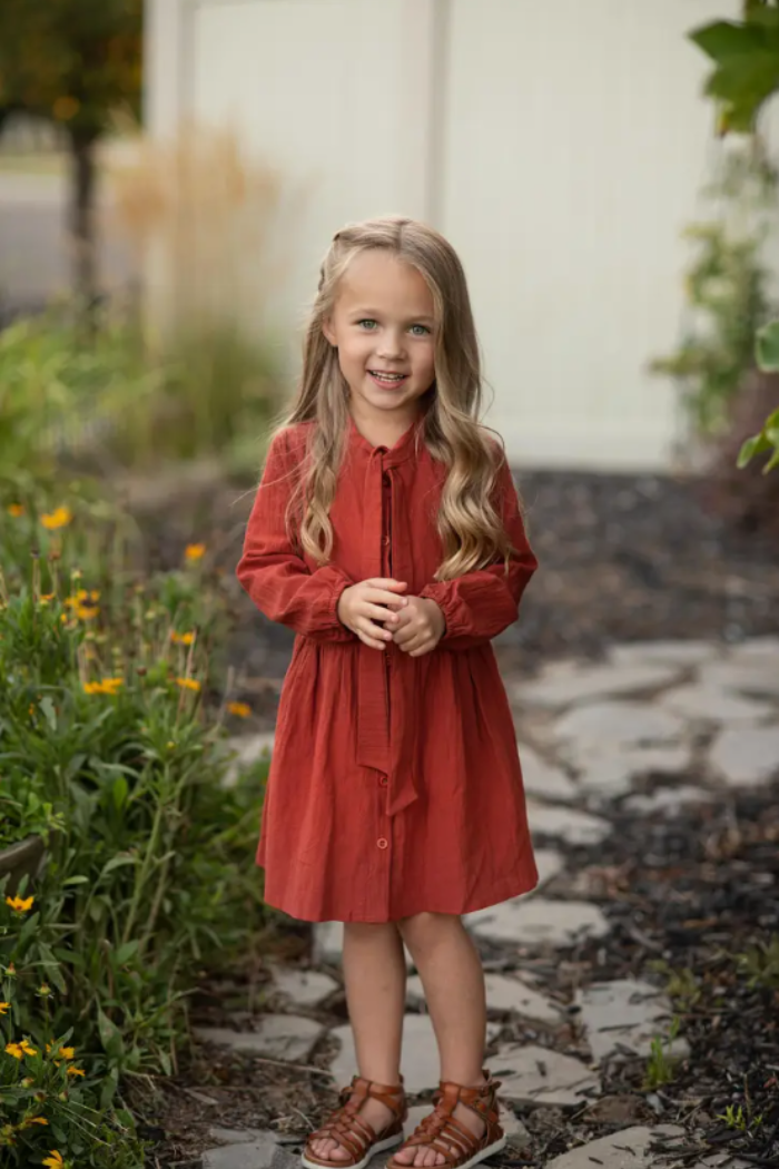 Kids Button Long Sleeve Bow Dress