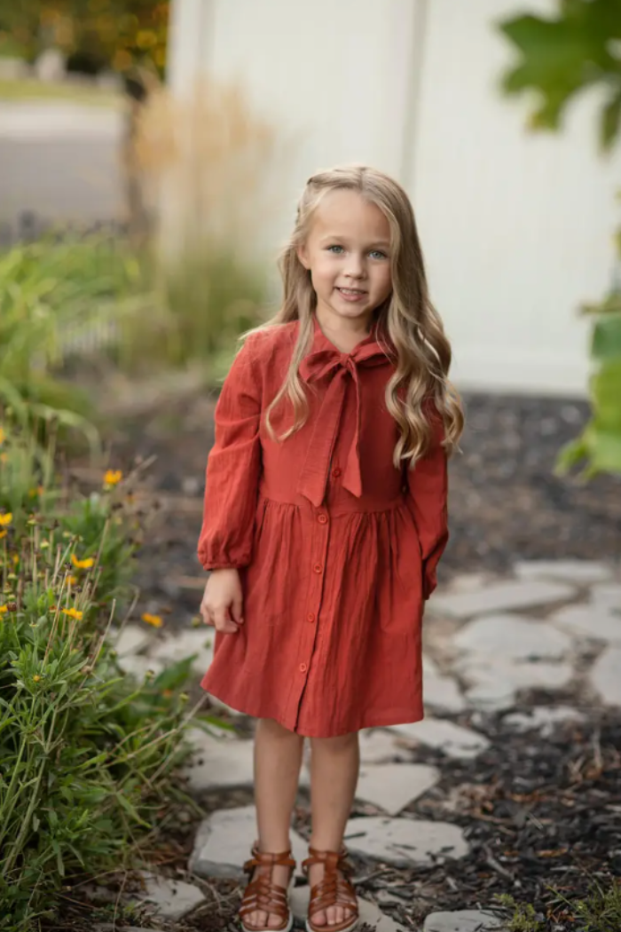 Kids Button Long Sleeve Bow Dress