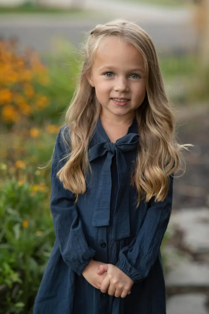 Kids Button Long Sleeve Bow Dress