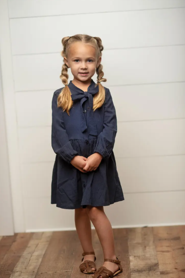 Kids Button Long Sleeve Bow Dress