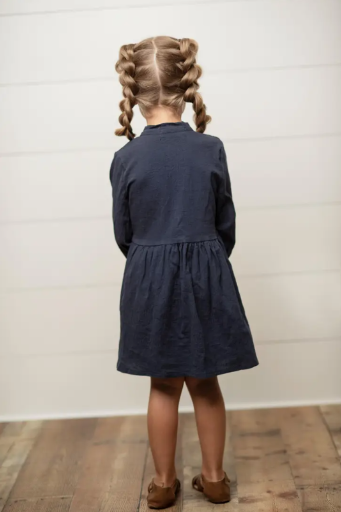 Kids Button Long Sleeve Bow Dress