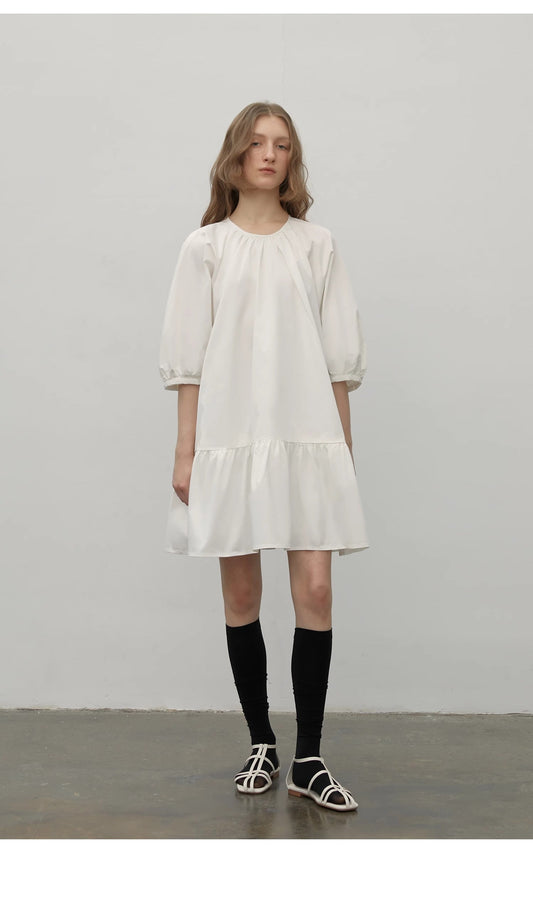 "Dream Island" Hepburn Style White Dress Temperament High-End Puff Sleeve Dress for Women