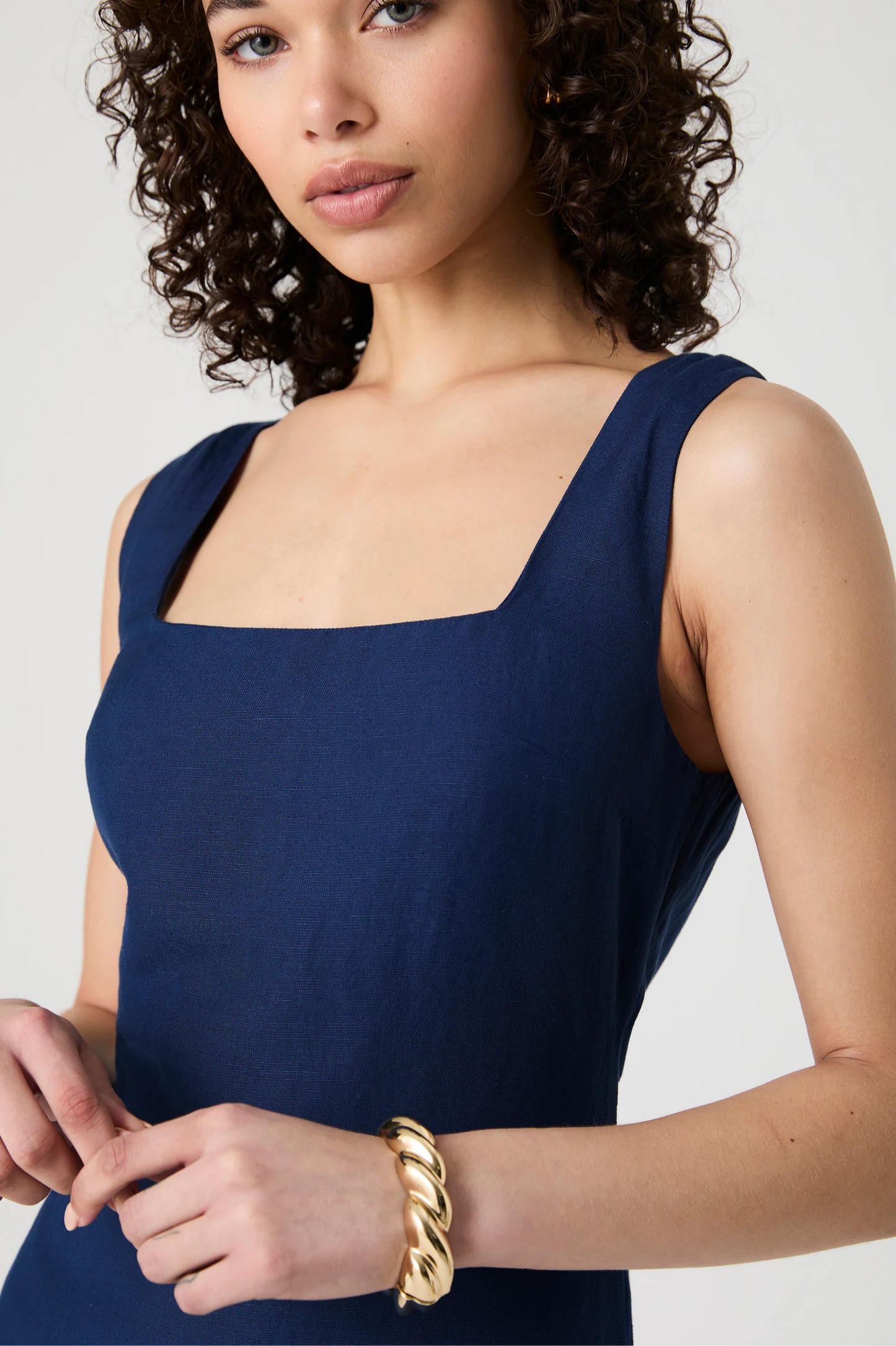 Birdie Linen Square Neck Mini Dress- Midnight Blue