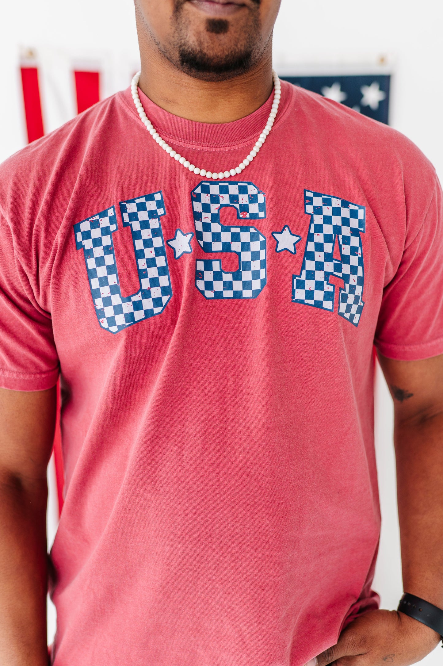 Adult Unisex RED ‘USA’ Check Tee