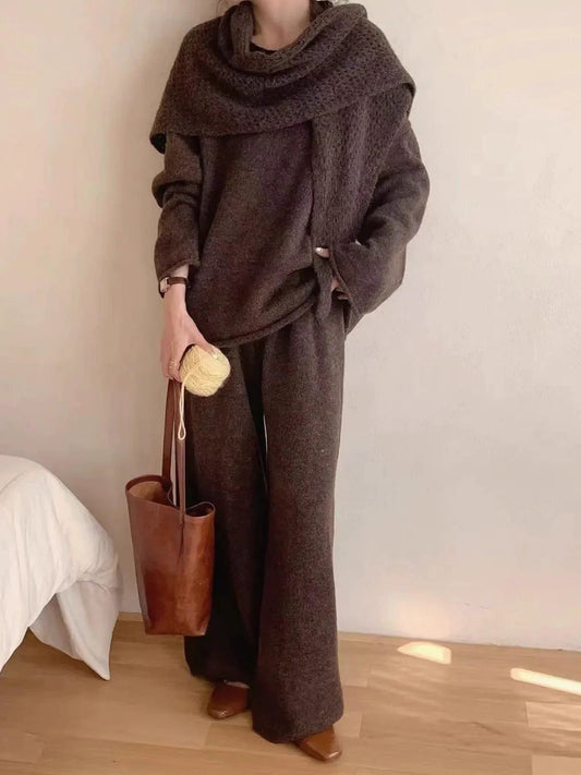 Three-Piece Set: Knitted Sweater + Openwork Shawl + Casual Trousers