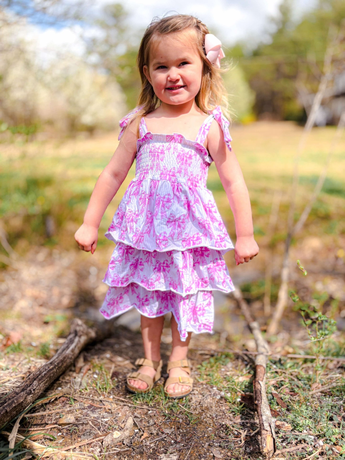 Pink Toile Bow Ruffled Dress