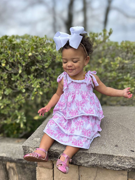 Pink Toile Bow Ruffled Dress