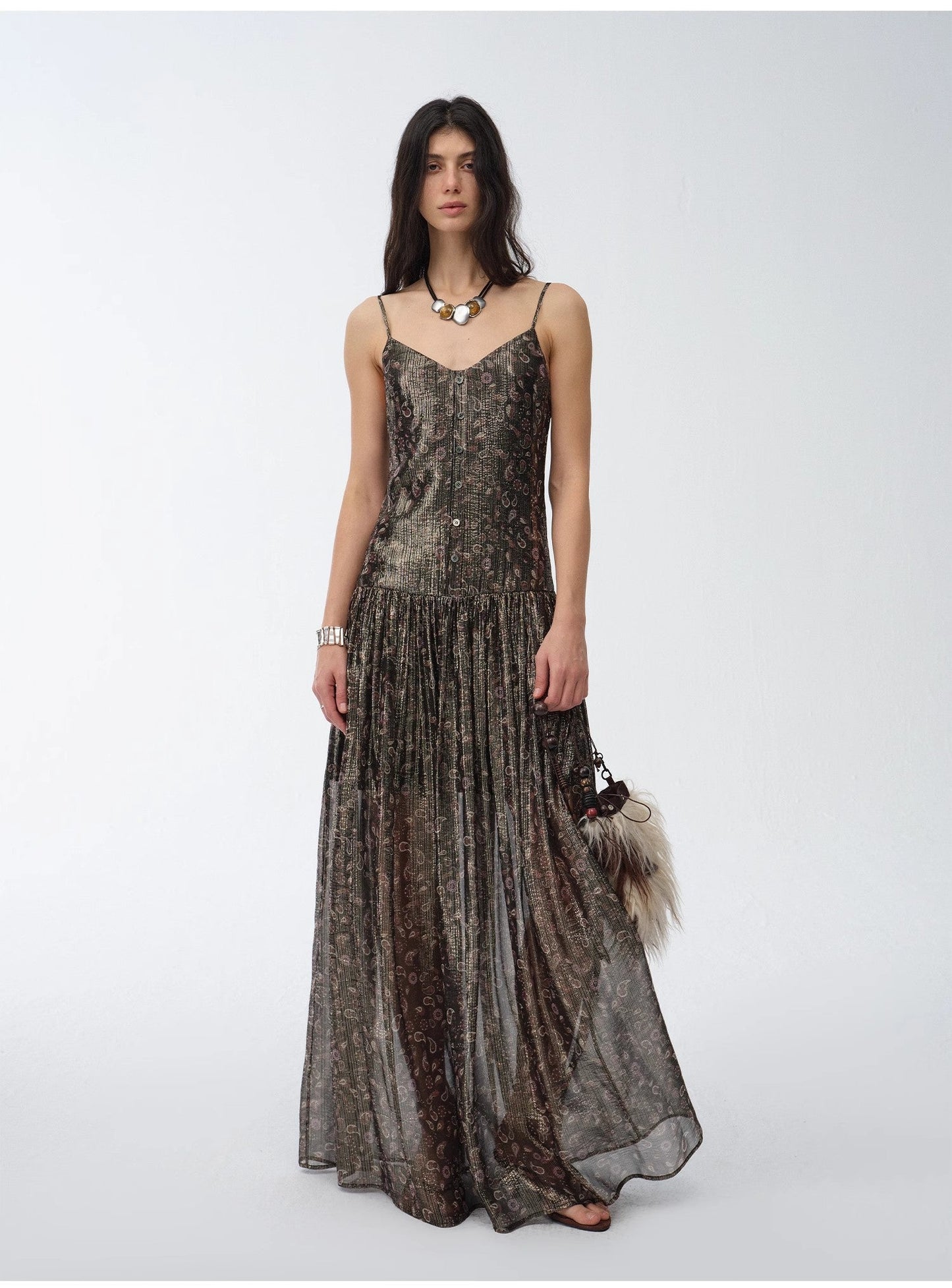 "Floating Lights" Retro Paisley Print Silk Holiday Sling Dress