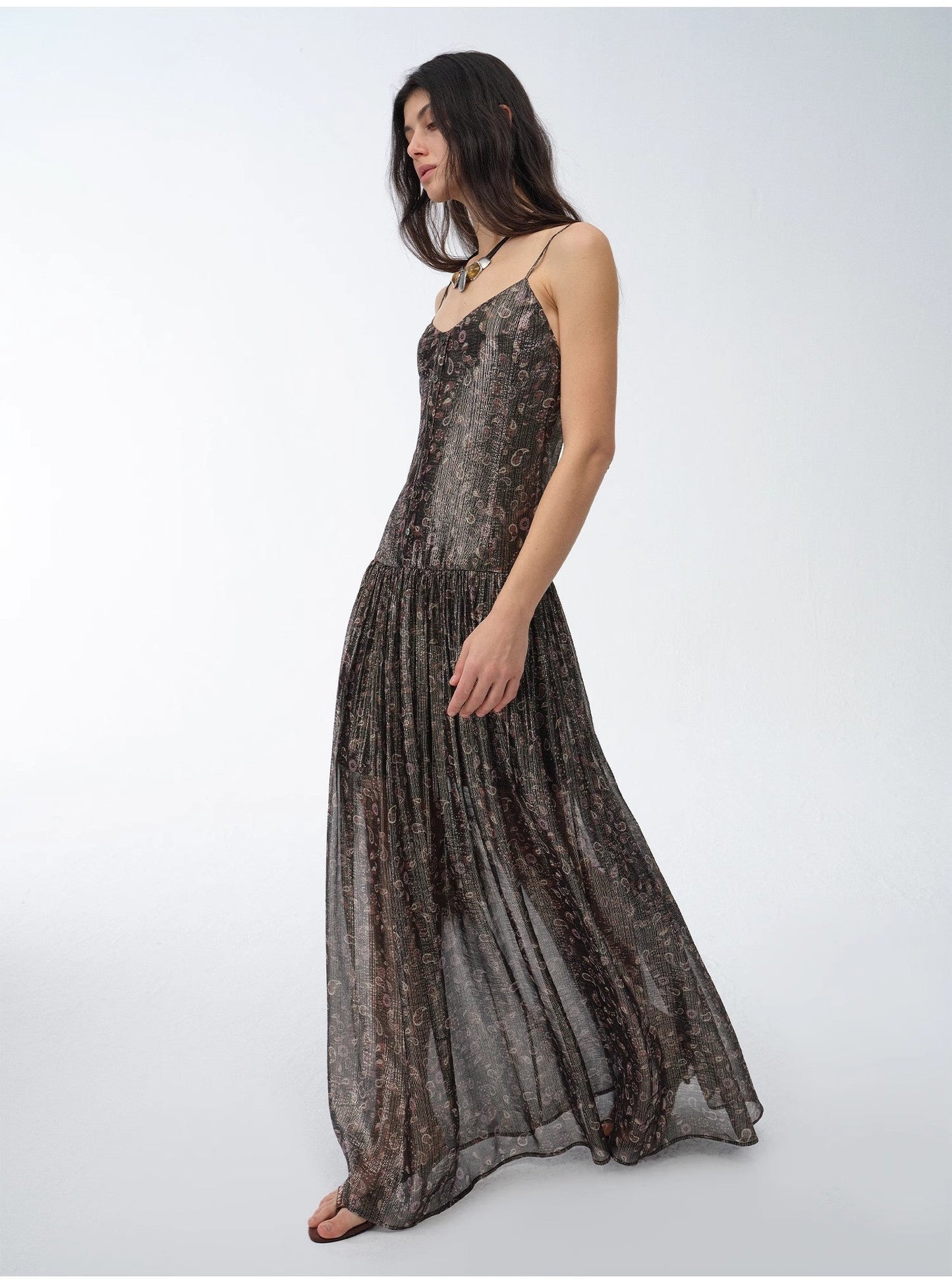 "Floating Lights" Retro Paisley Print Silk Holiday Sling Dress