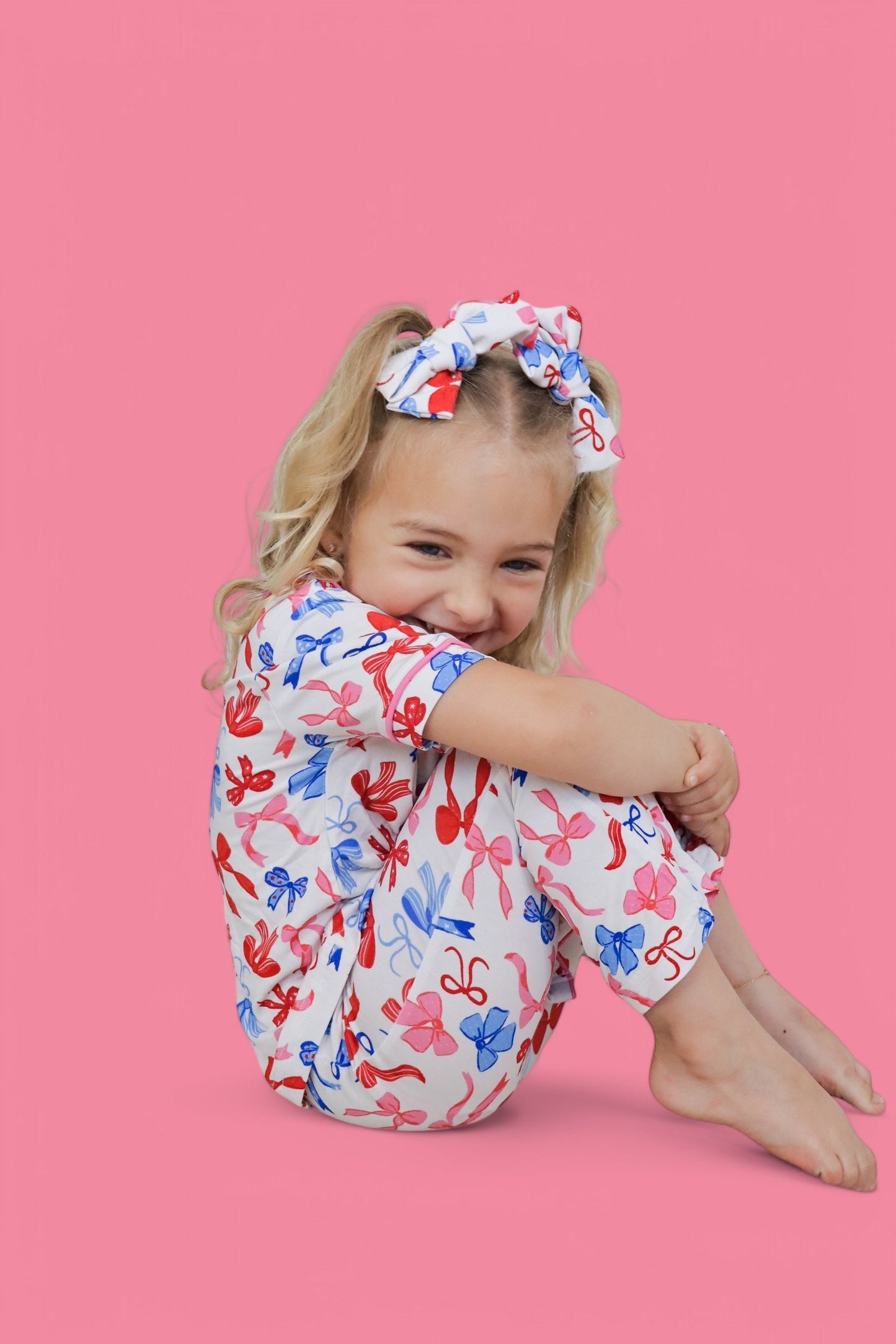 RED, WHITE AND BOWS DREAM GIRL'S SHORT SLEEVE FLARE SET