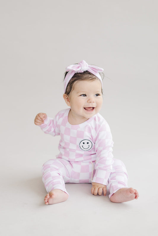 Checkered Smiley Lounge Set | Pink
