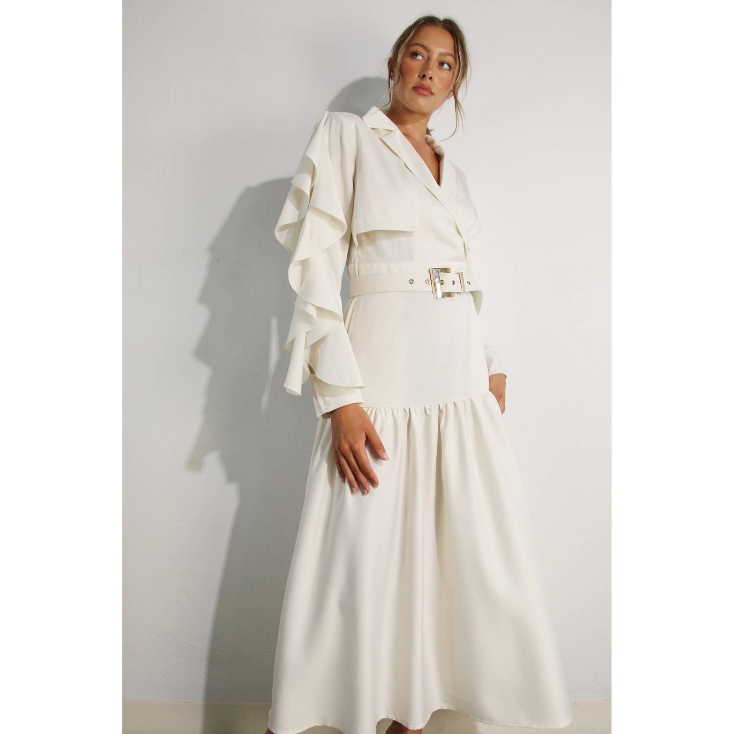 The Dylan Collared Long Ruffle Sleeve Dress