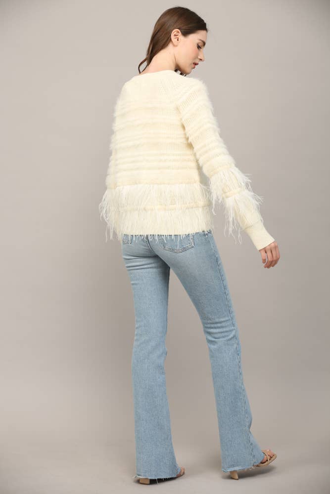 Feather Trim Wool Blend Cardigan