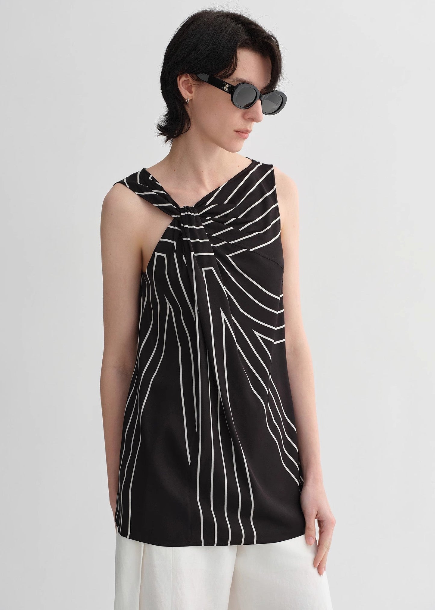 Elastic Silk Twisted Collar Tank Blouse