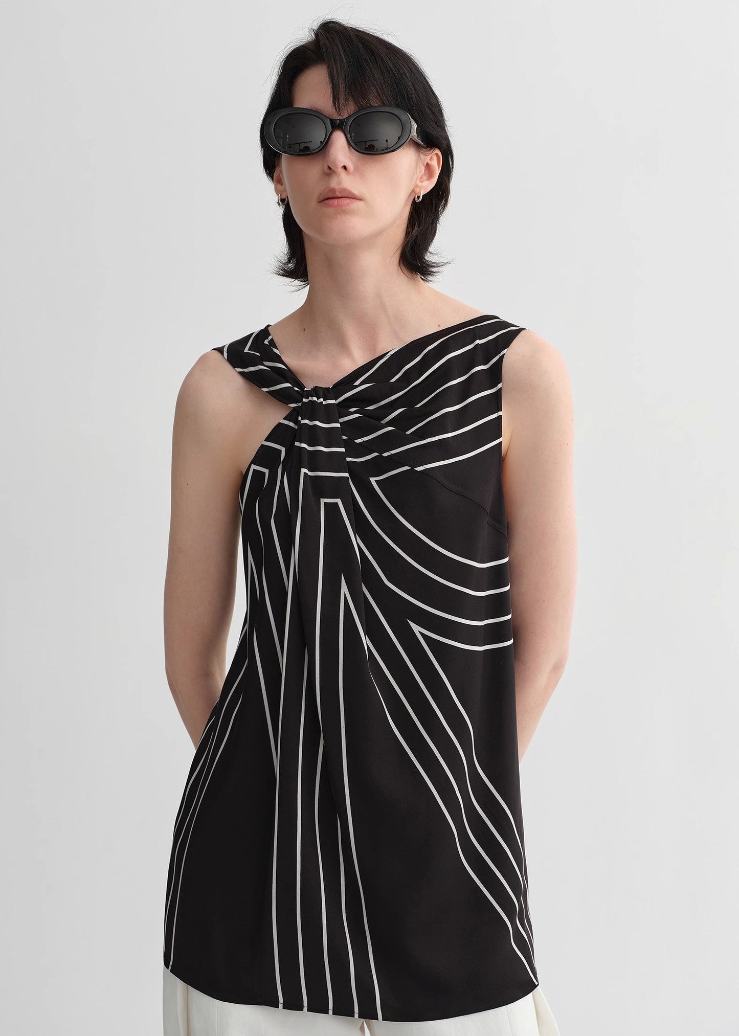 Elastic Silk Twisted Collar Tank Blouse