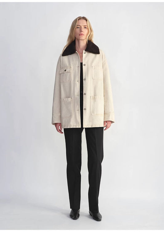Heavy Cotton Denim Detachable Fur Jacket