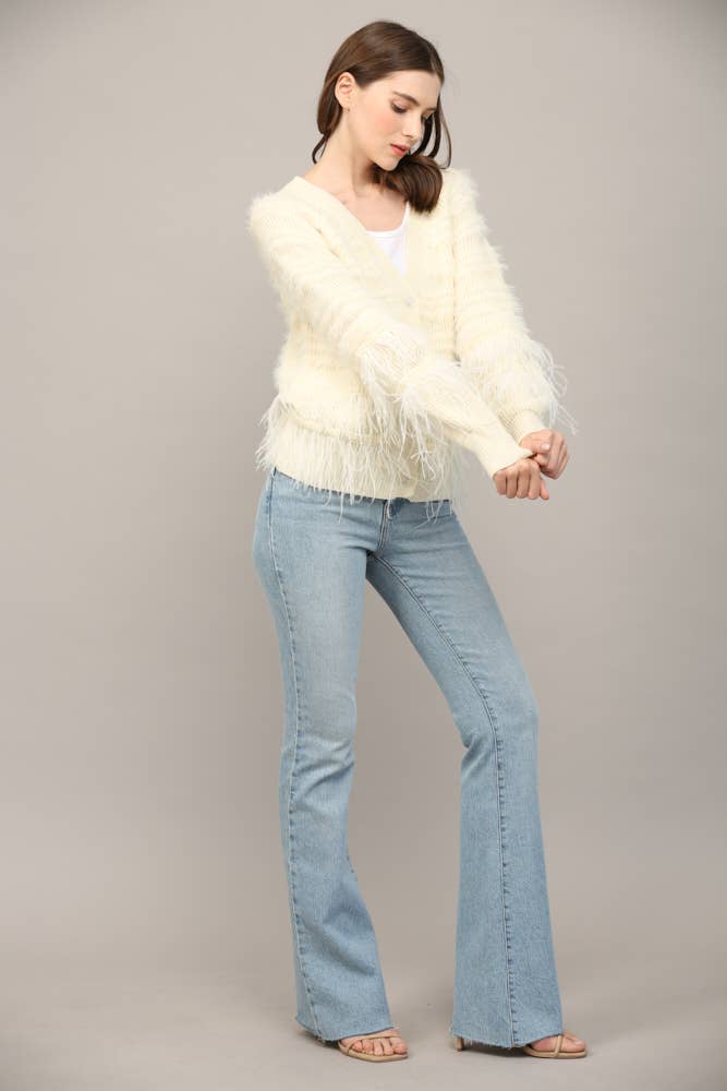 Feather Trim Wool Blend Cardigan
