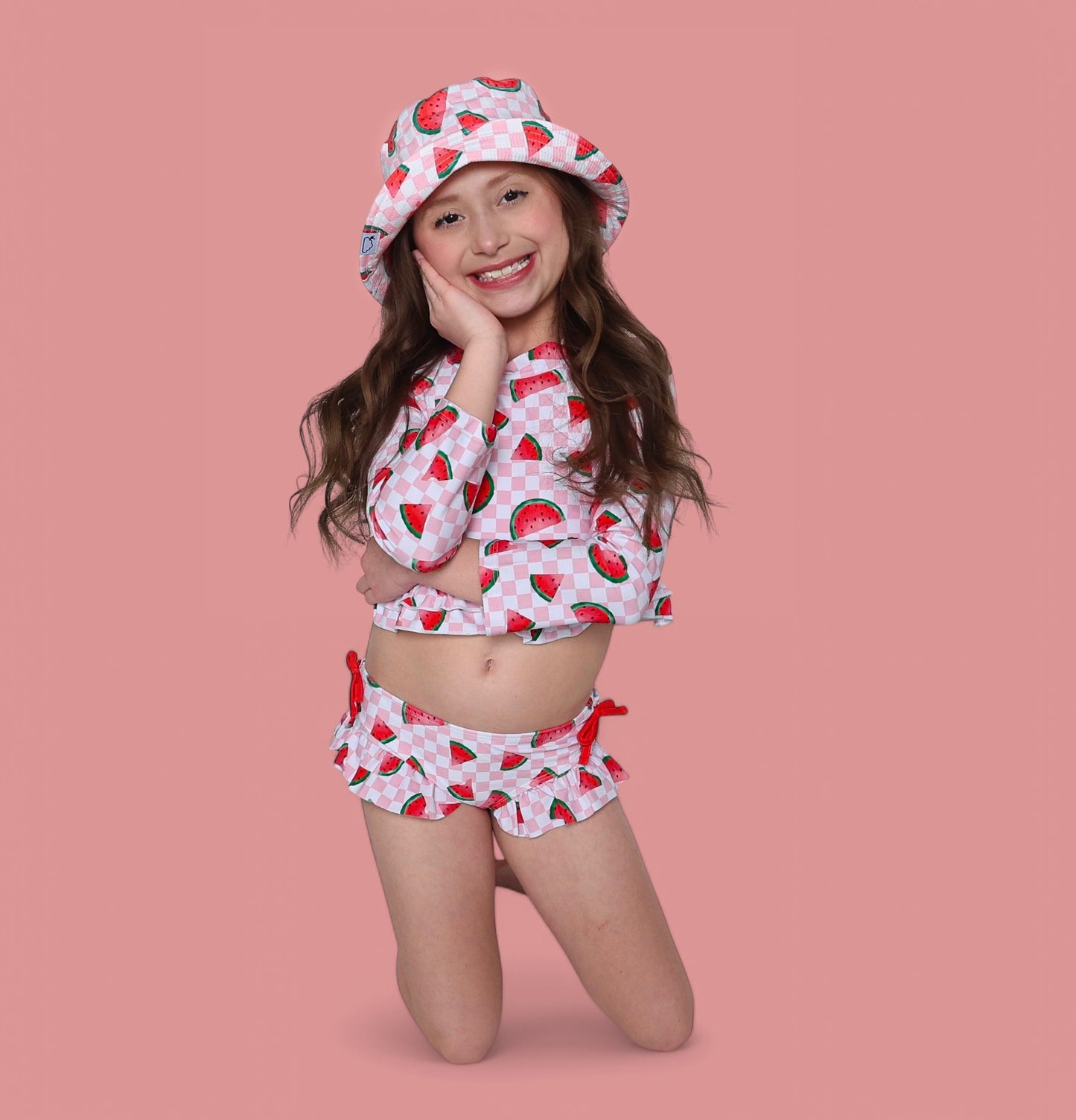 ONE IN A MELON DREAM TWO PIECE RASH GUARD RUFFLE SWIM SUIT
