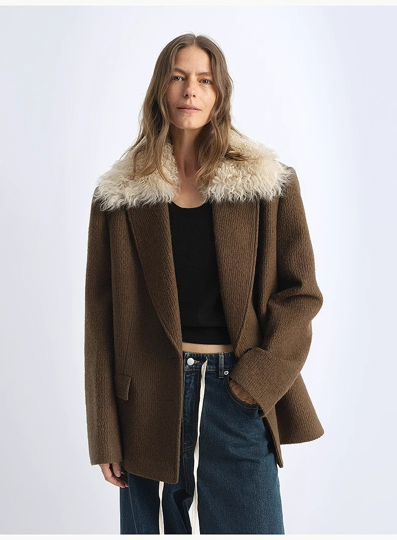 Vertical Texture Wool Tweed Coat Detachable Fur Collar