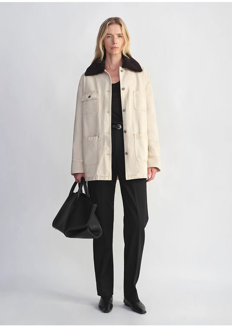 Heavy Cotton Denim Detachable Fur Jacket