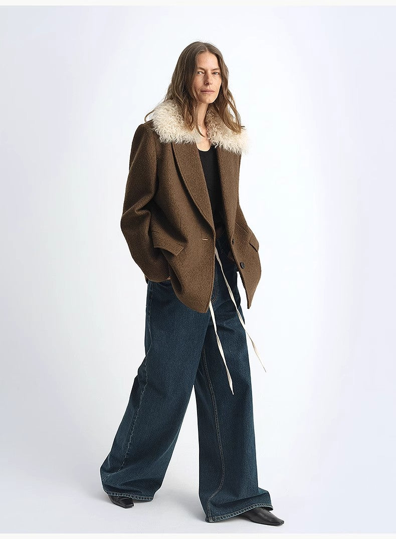 Vertical Texture Wool Tweed Coat Detachable Fur Collar
