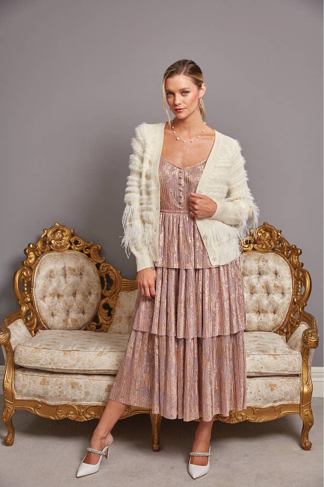 Feather Trim Wool Blend Cardigan