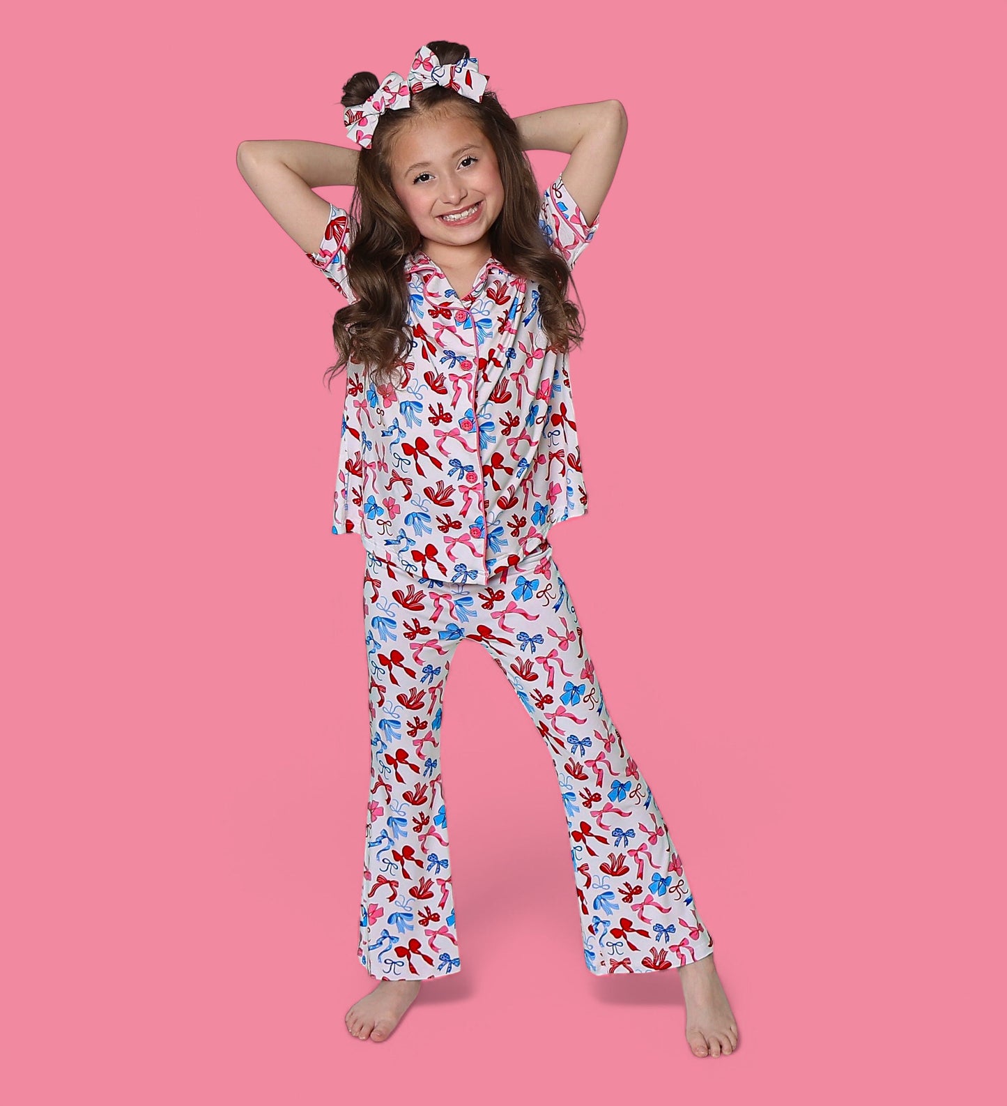 RED, WHITE AND BOWS DREAM GIRL'S SHORT SLEEVE FLARE SET