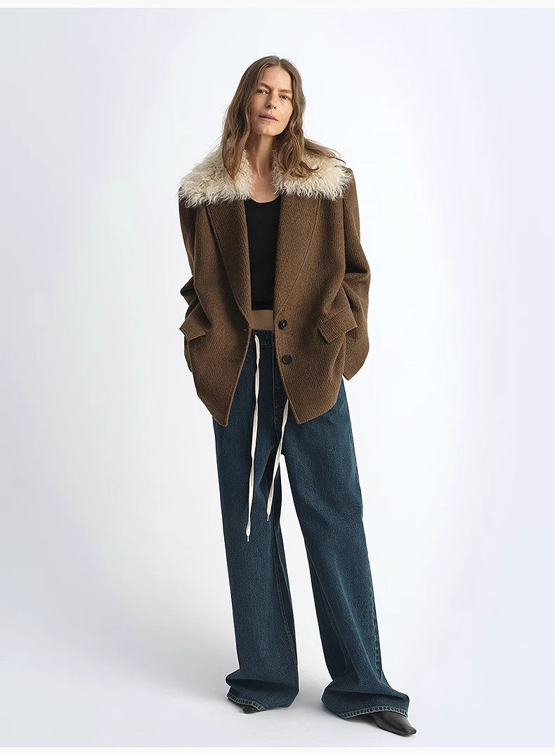 Vertical Texture Wool Tweed Coat Detachable Fur Collar